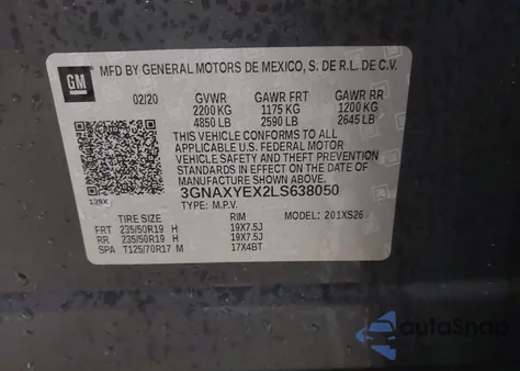 2020 Chevrolet Equinox Awd Premier 2.0L Turbo z USA, uszkodzony, nr VIN 3GNAXYEX2LS638050